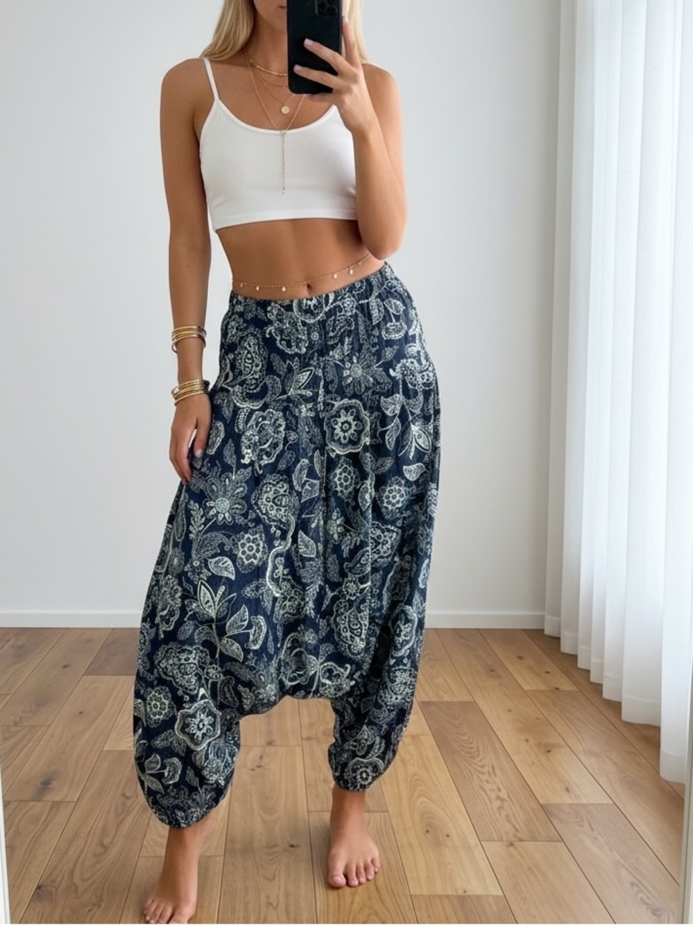 Navy Paisley Print Harem Pants Handmade Boho Elastic Waist Size S
